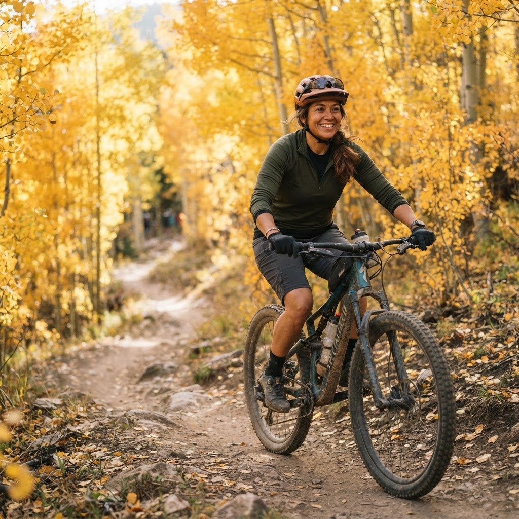 Susan K. smiling beside her bike on a mountain road