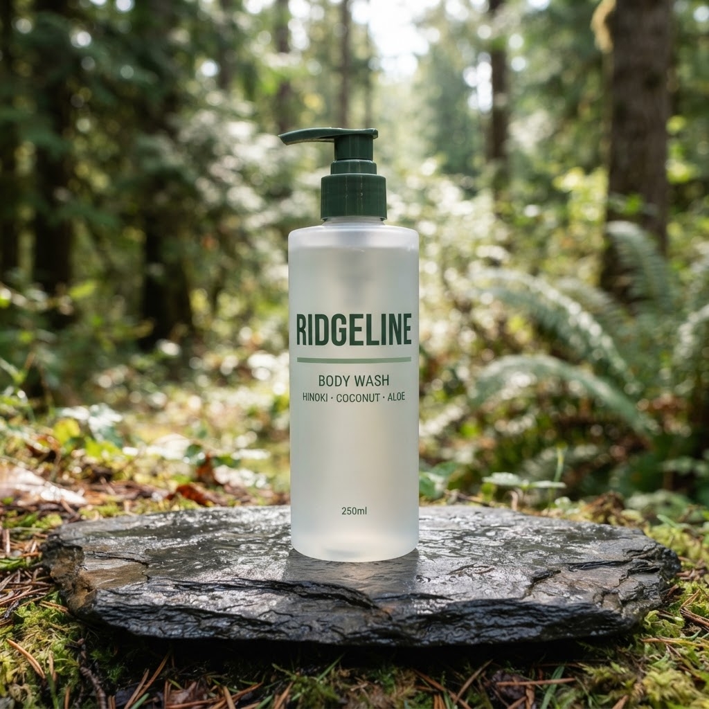 Ridgeline Skin Body Wash bottle on a wet slate rock in a forest