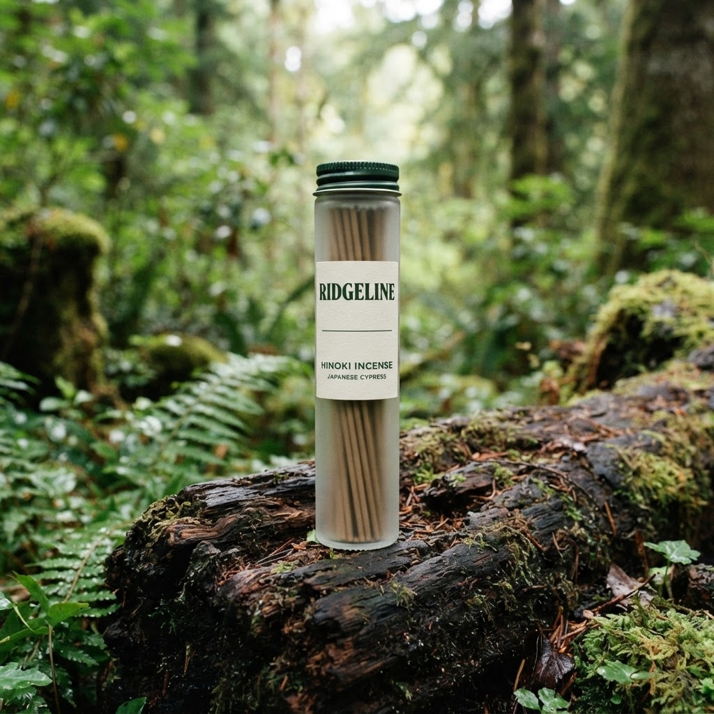 Ridgeline Skin Hinoki Incense sticks in a frosted tube on a mossy log